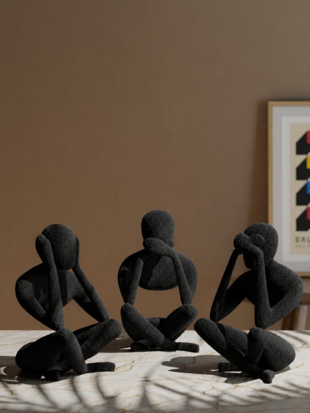 3Pc Abstract Thinker Statue Set 3D Printed Black Figurines Modern Shelf Desk